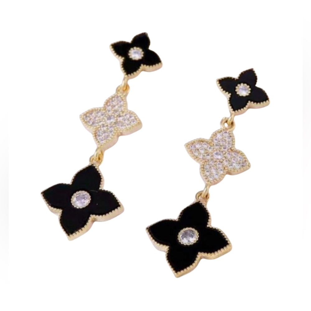 Elegant Four Leaf Clover Earrings With Rhinestones Black&Gold